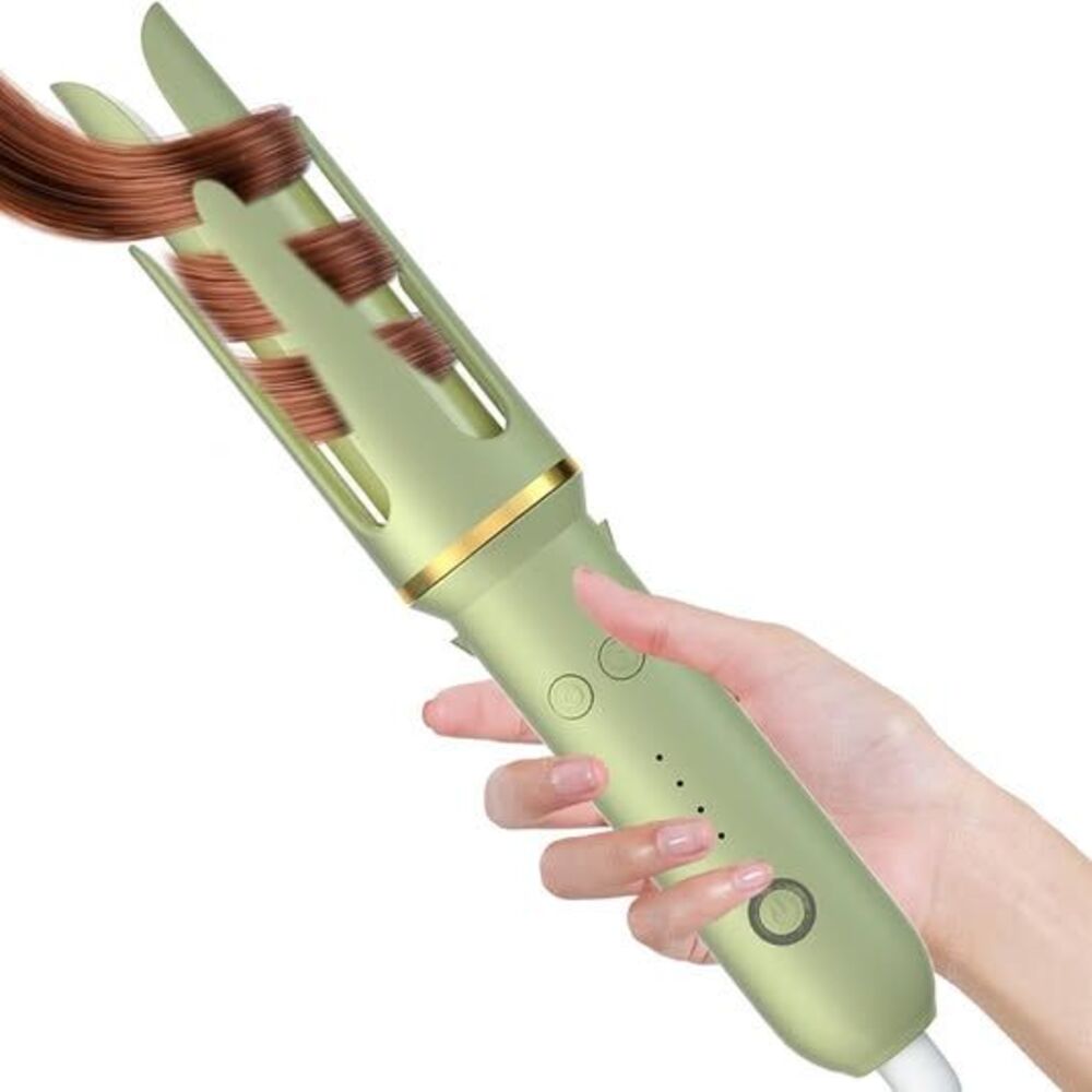 Automatic Rotating Curling Iron w Combs & Clips, 4 Settings, Anti-Scald, Green